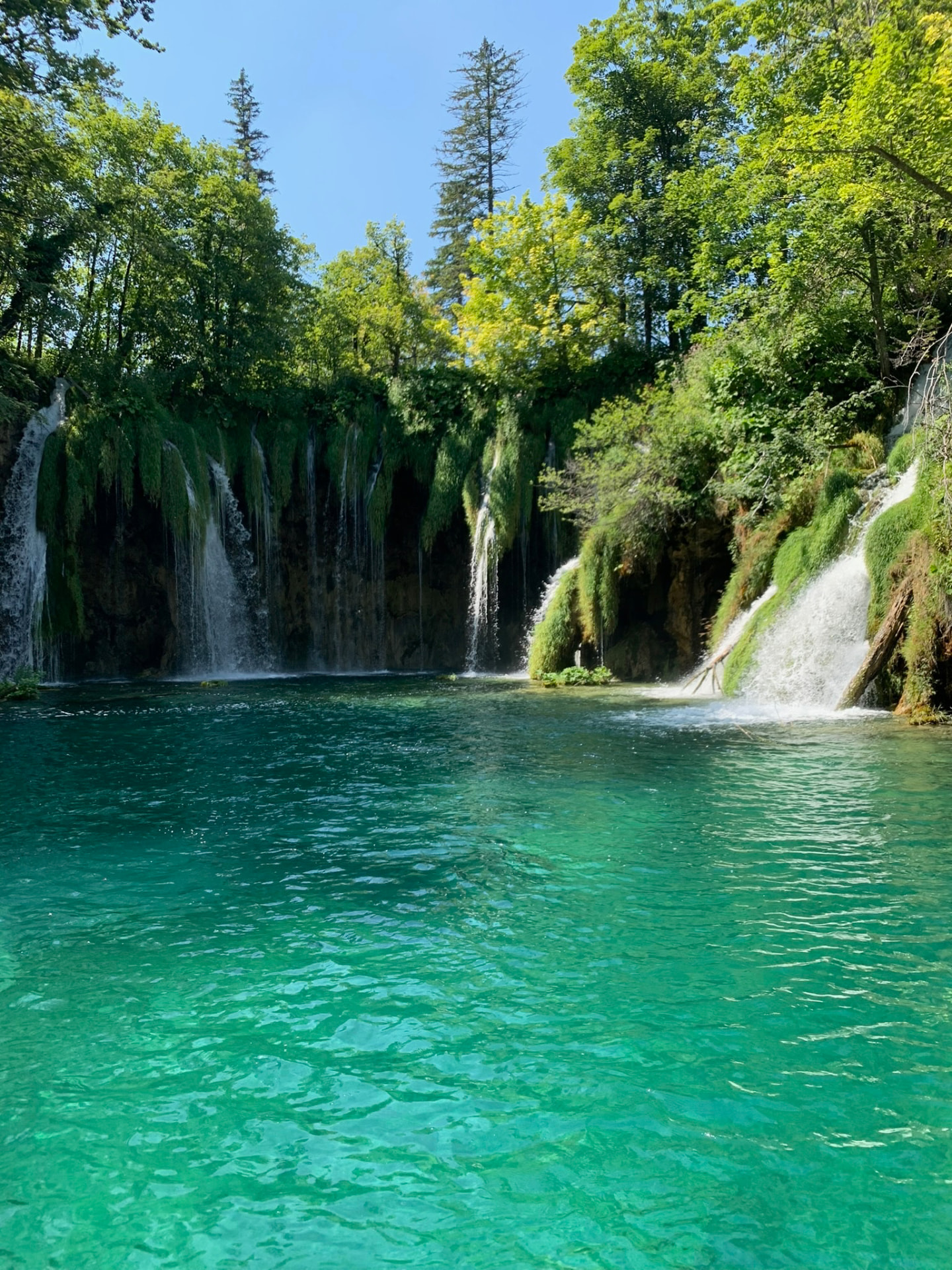 Cascades et lac émeraude entourés de forêt